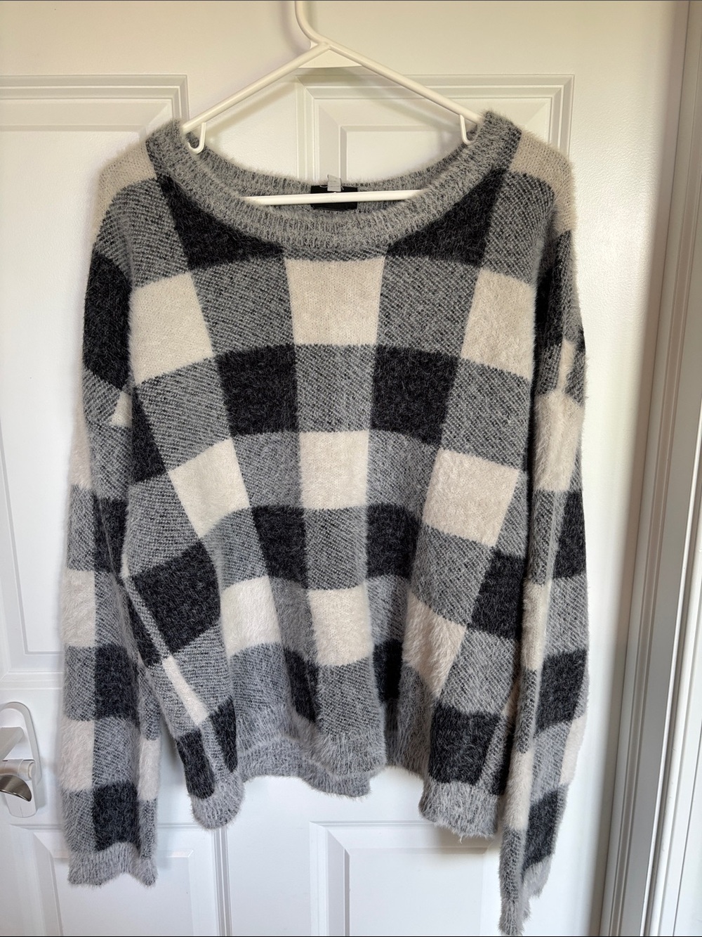 Cyrus Gray and Cream Check Crewneck Sweater